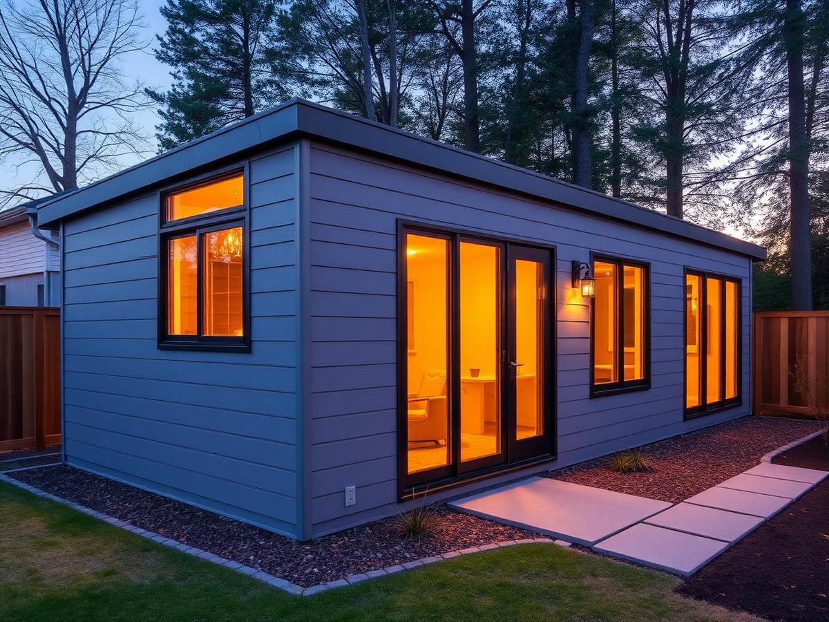 Newly built backyard ADU with warm interior lighting
