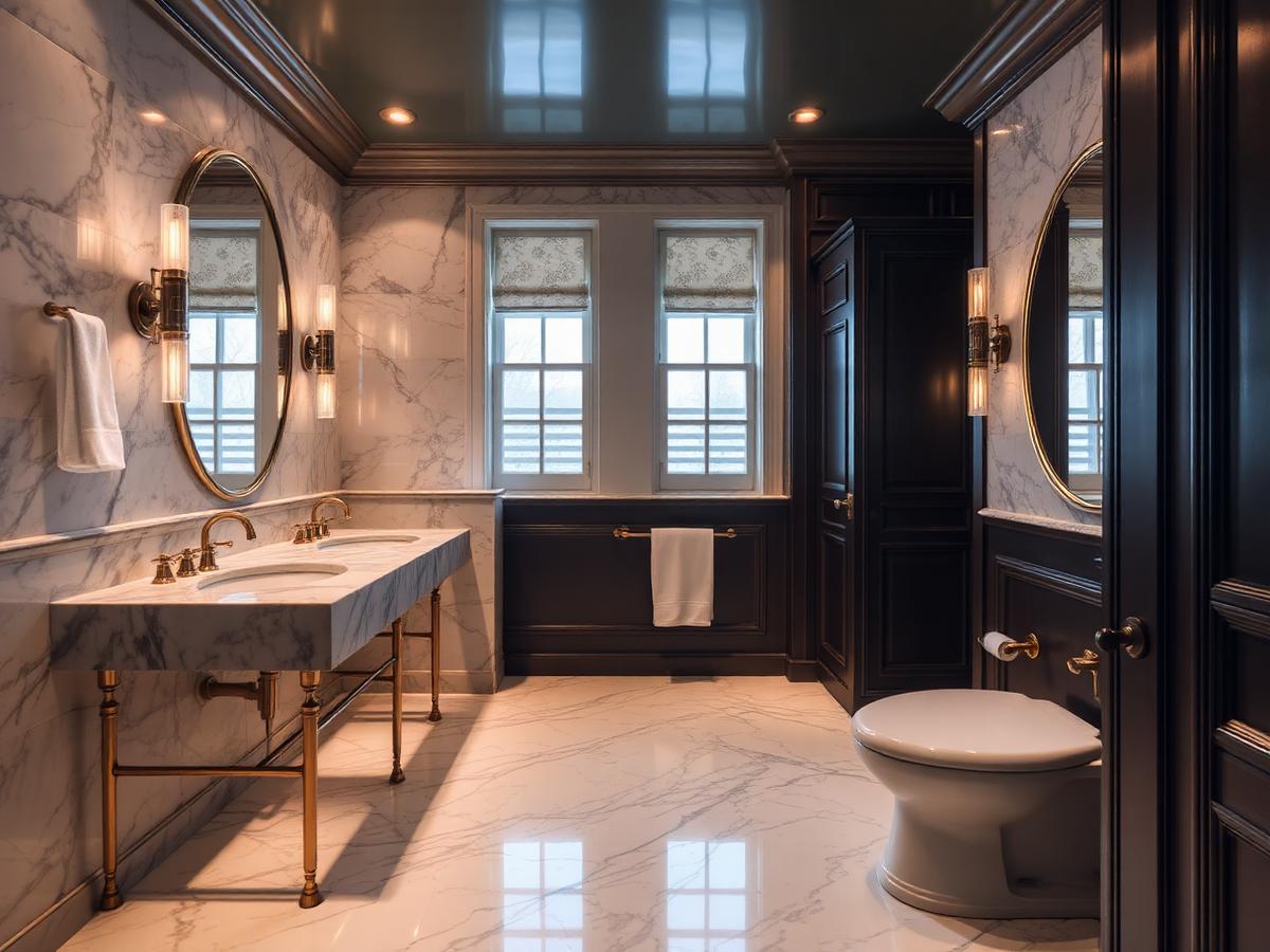 Marble and brass primary bathroom remodel
