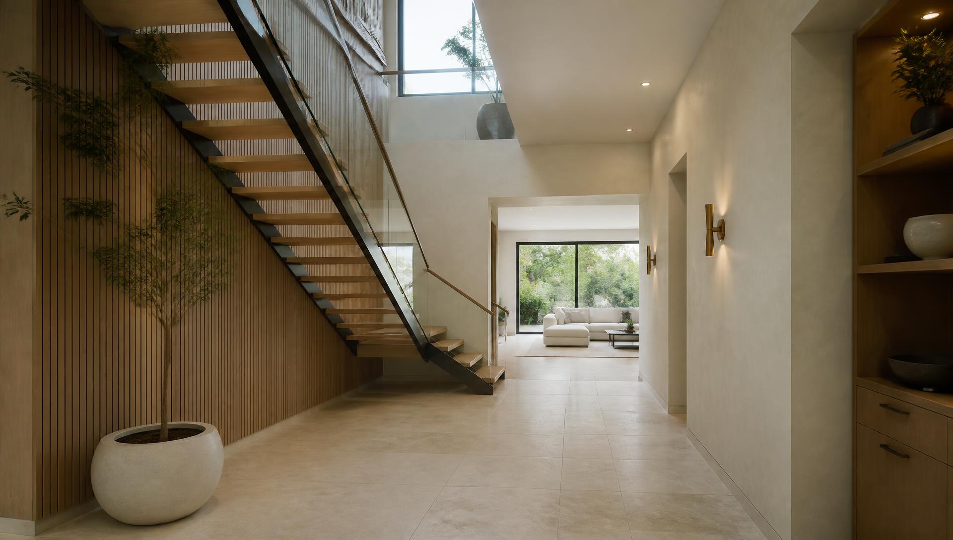 Custom entry with floating white oak stair treads, blackened steel stringer, oak slat wall and limestone floors