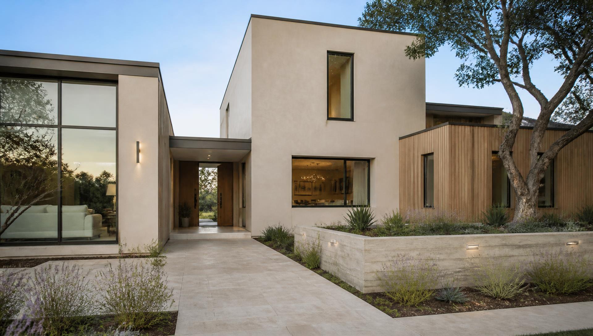 Contemporary California home exterior with stucco, white oak siding, bronze windows and limestone paver walkway