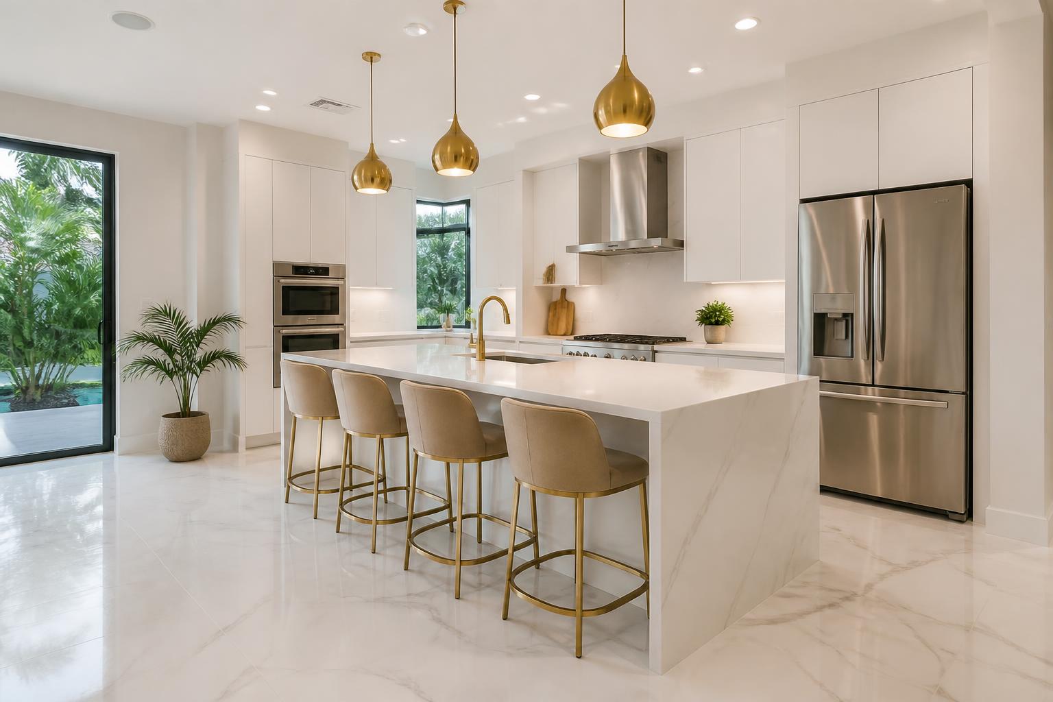 Modern luxury kitchen with white marble flooring and gold accents