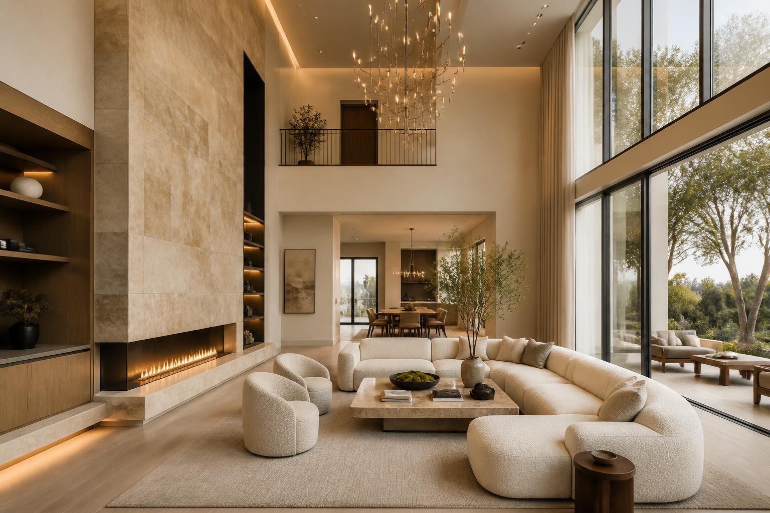 Luxury living room with 16-foot ceilings, Venetian plaster walls, floor-to-ceiling windows, travertine fireplace, and designer boucle furniture