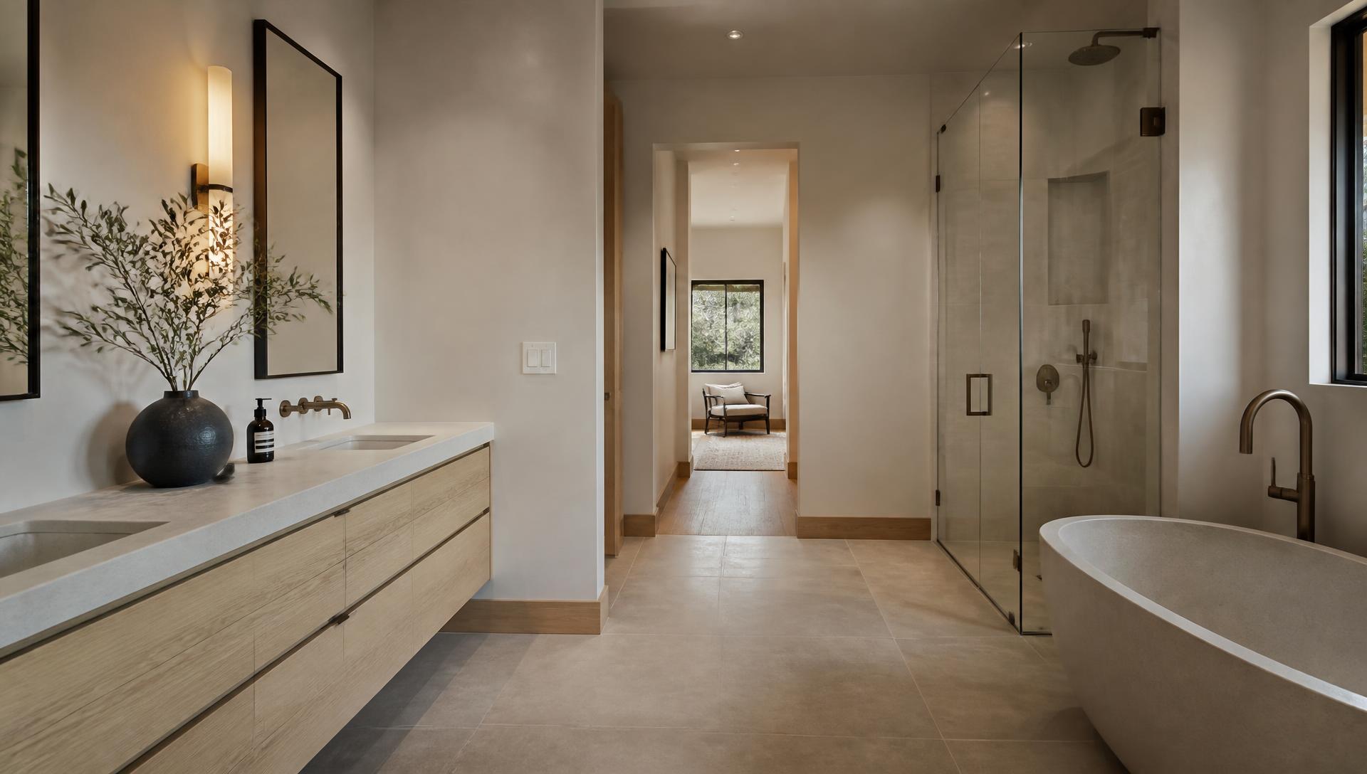 Primary bathroom with white oak floating vanity, limestone countertops, freestanding stone tub and frameless glass shower